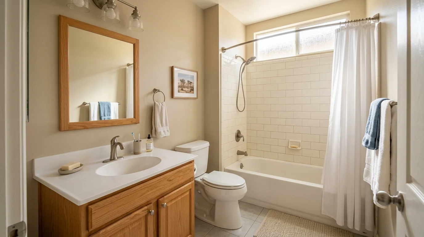 Compact 5x8 hall bathroom in a San Diego tract home with a tub and a small vanity