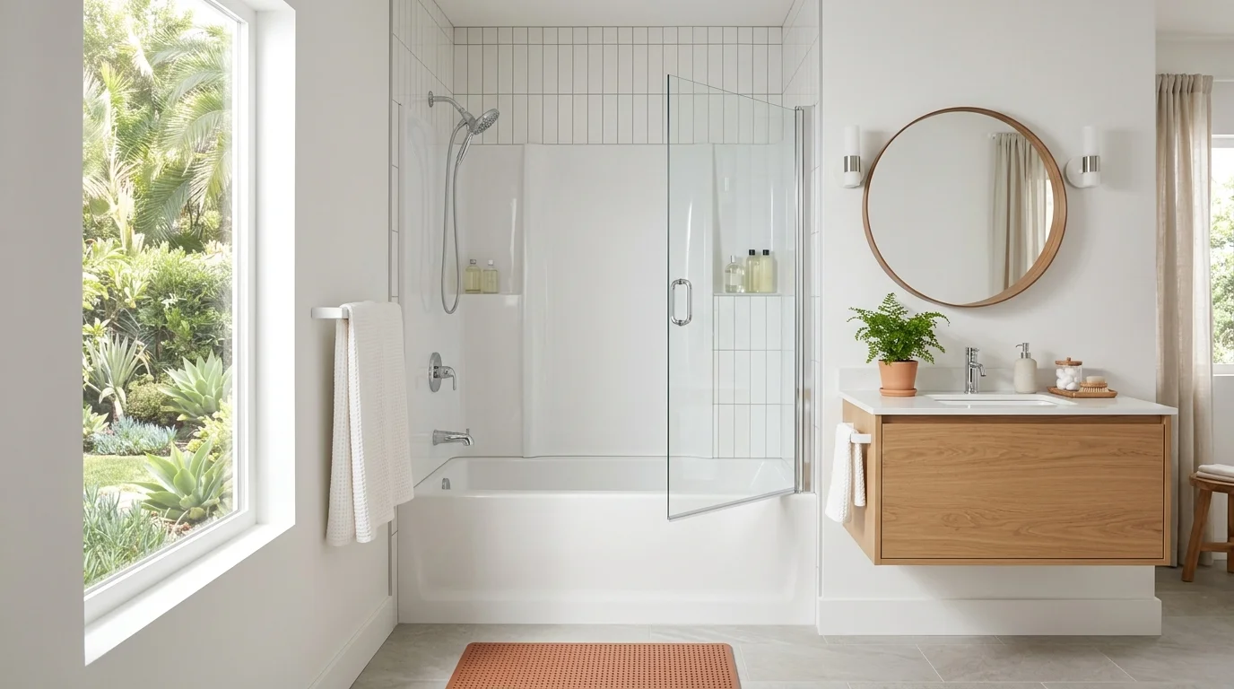 Finished acrylic tub and shower surround in a bright bathroom