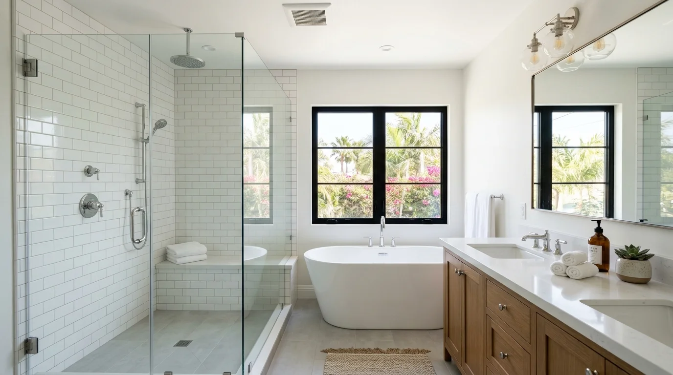 Finished full bathroom with natural light, tile, vanity, and shower