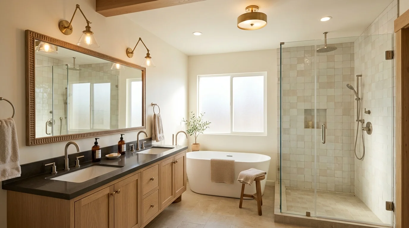 Finished Carlsbad bathroom with layered ceiling and vanity lighting