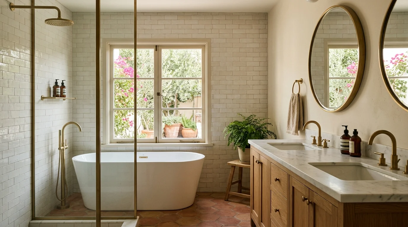 Finished Southern California bathroom with tile, vanity, and natural light