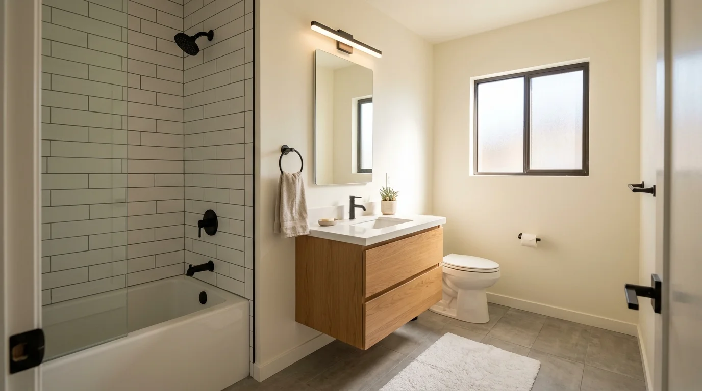 Finished hall bathroom in a South Bay Chula Vista tract home with warm daylight