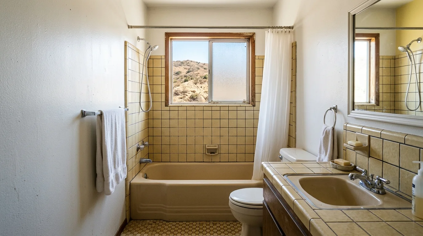 El Cajon hall bathroom with dated tile, a built-in tub, and a window to dry East County hills