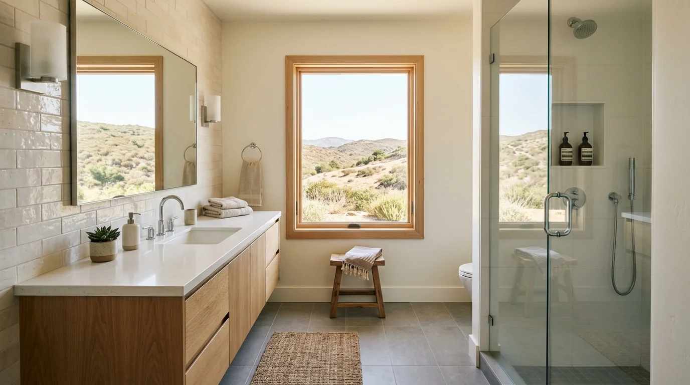 Finished family hall bathroom in a Poway ranch home with daylight toward inland hills