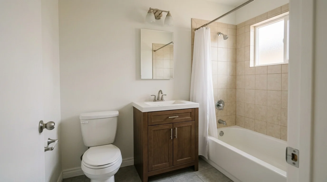 Clean durable small rental bathroom in a San Diego two-bedroom with simple tile and a stock vanity