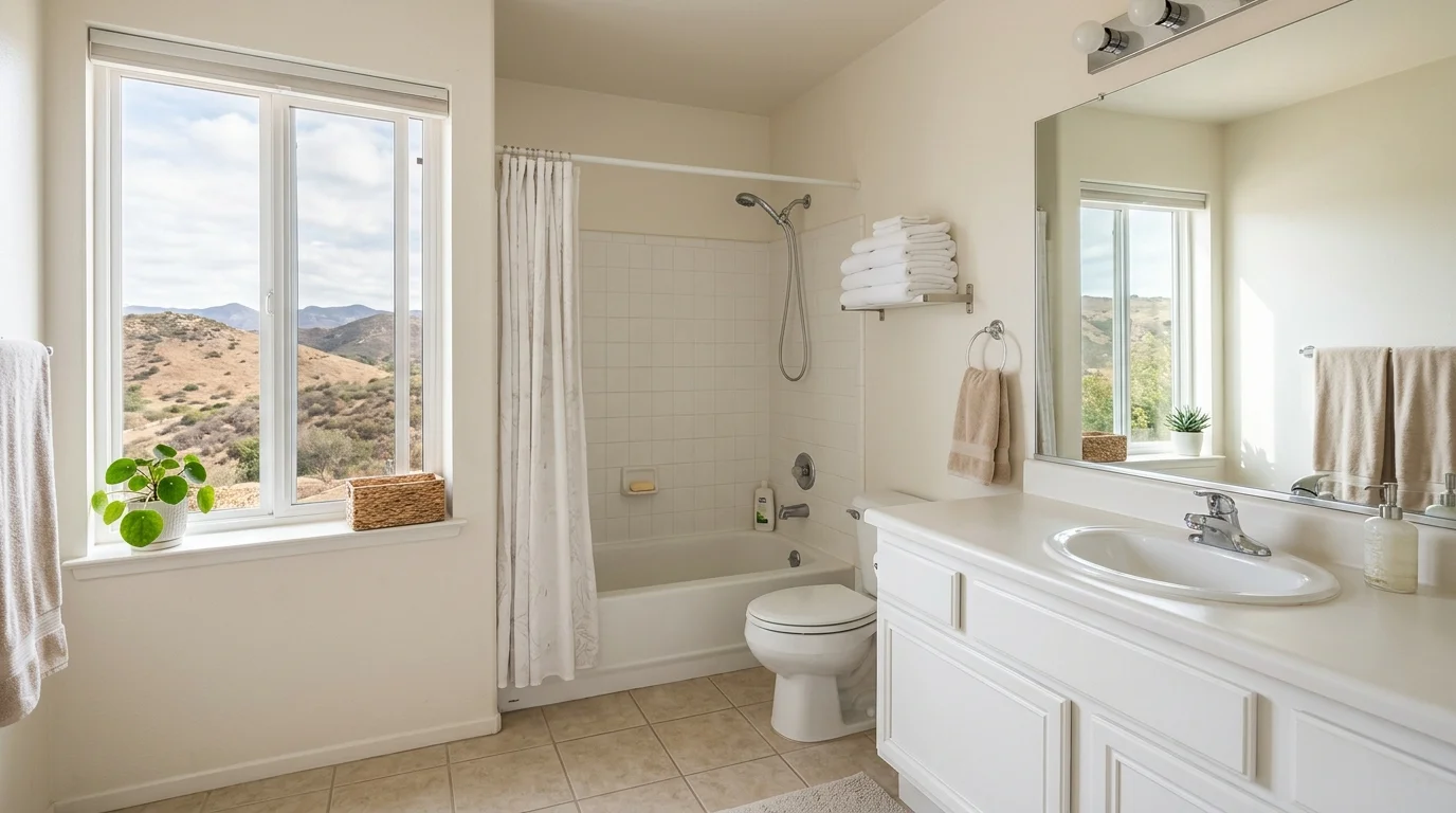 Hall bathroom in a San Marcos tract home with a tile shower, vanity, and a window toward inland hills
