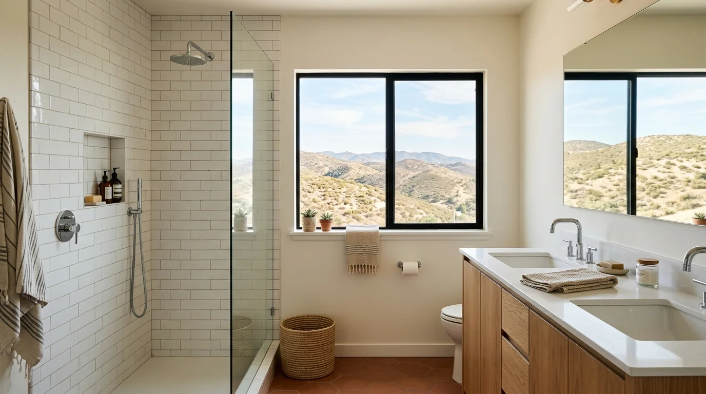 Vista ranch-home bathroom with a window toward inland North County hills