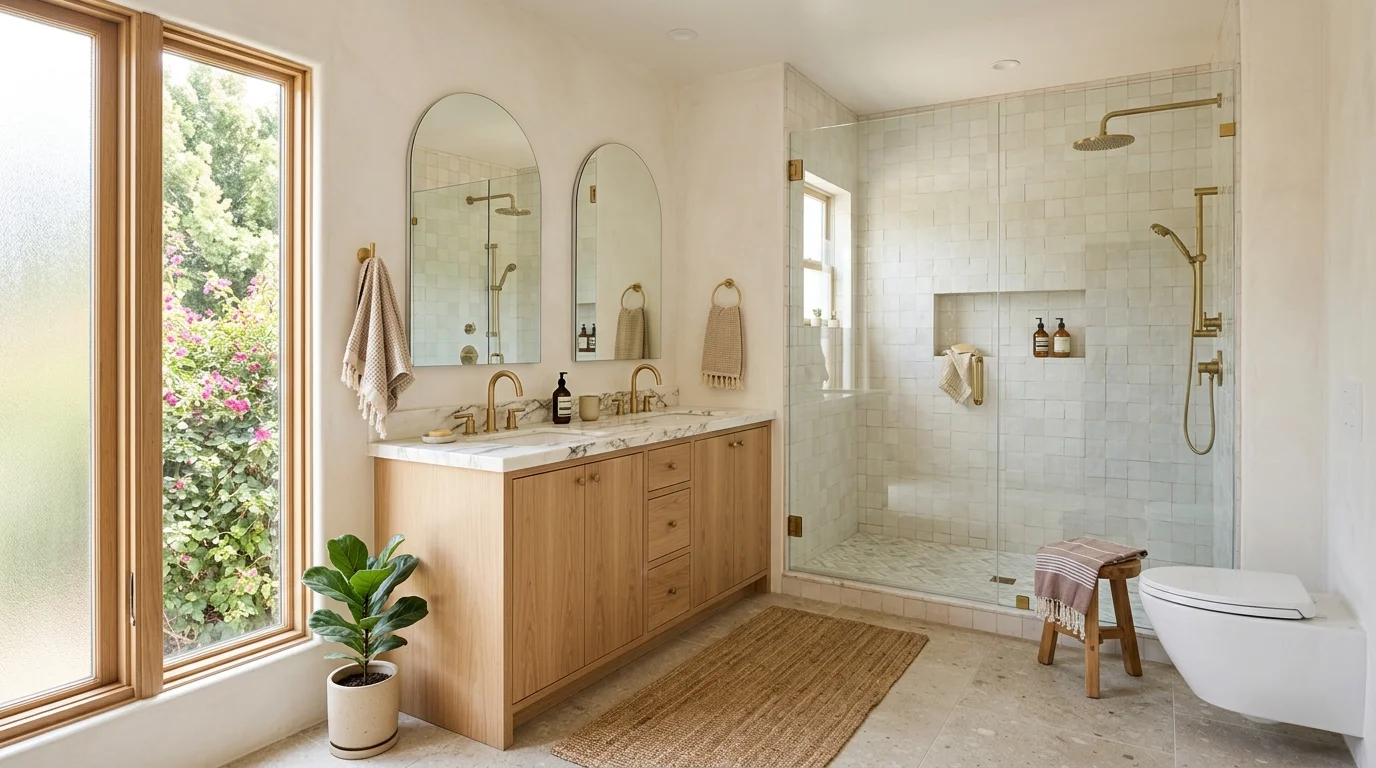 Finished residential bathroom with tile, vanity, and shower