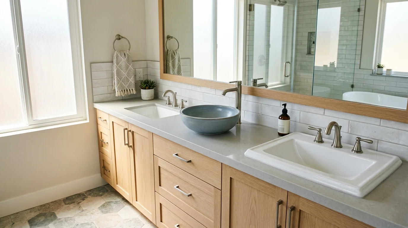 Modern bathroom vanity with an installed sink and faucet