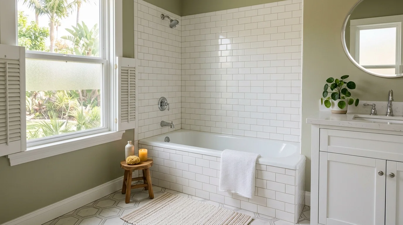 Refinished bathtub in a bright Southern California bathroom