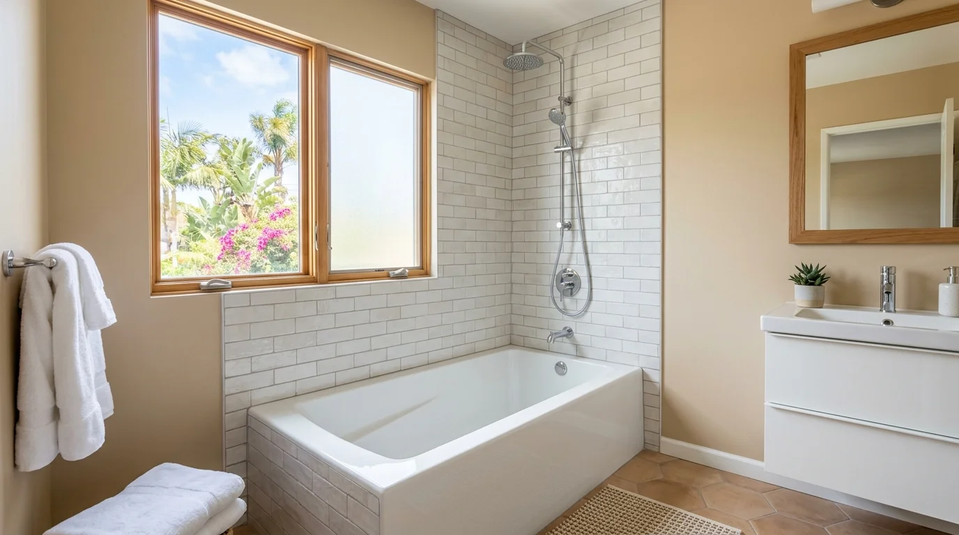 Finished bathtub alcove in a Southern California bathroom