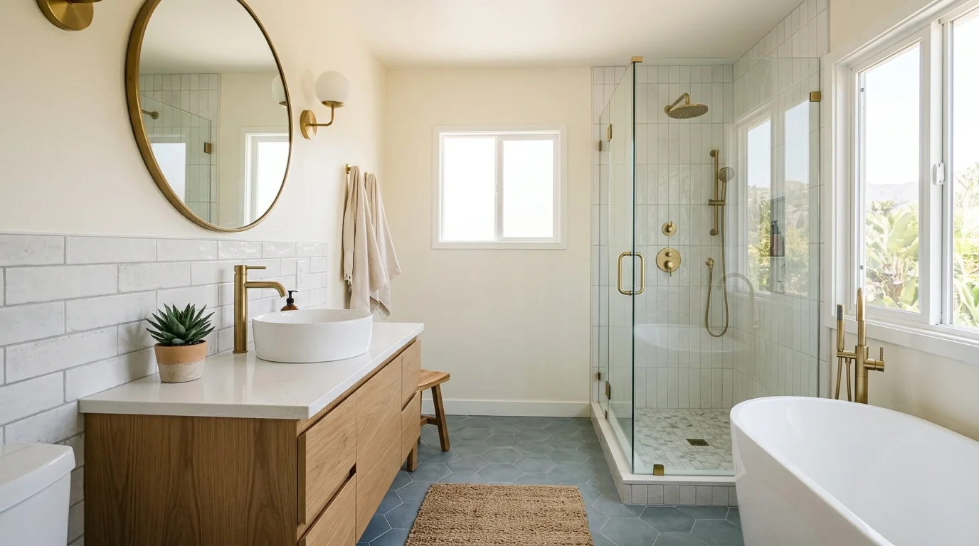 Finished Encinitas bathroom with simple tile, vanity, and natural light