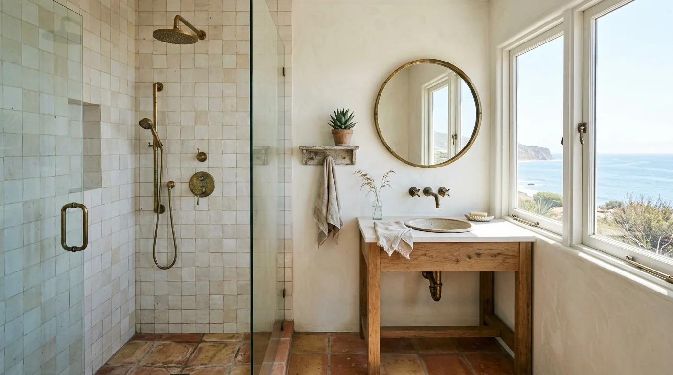 Coastal San Diego bathroom with natural light on a shower wall