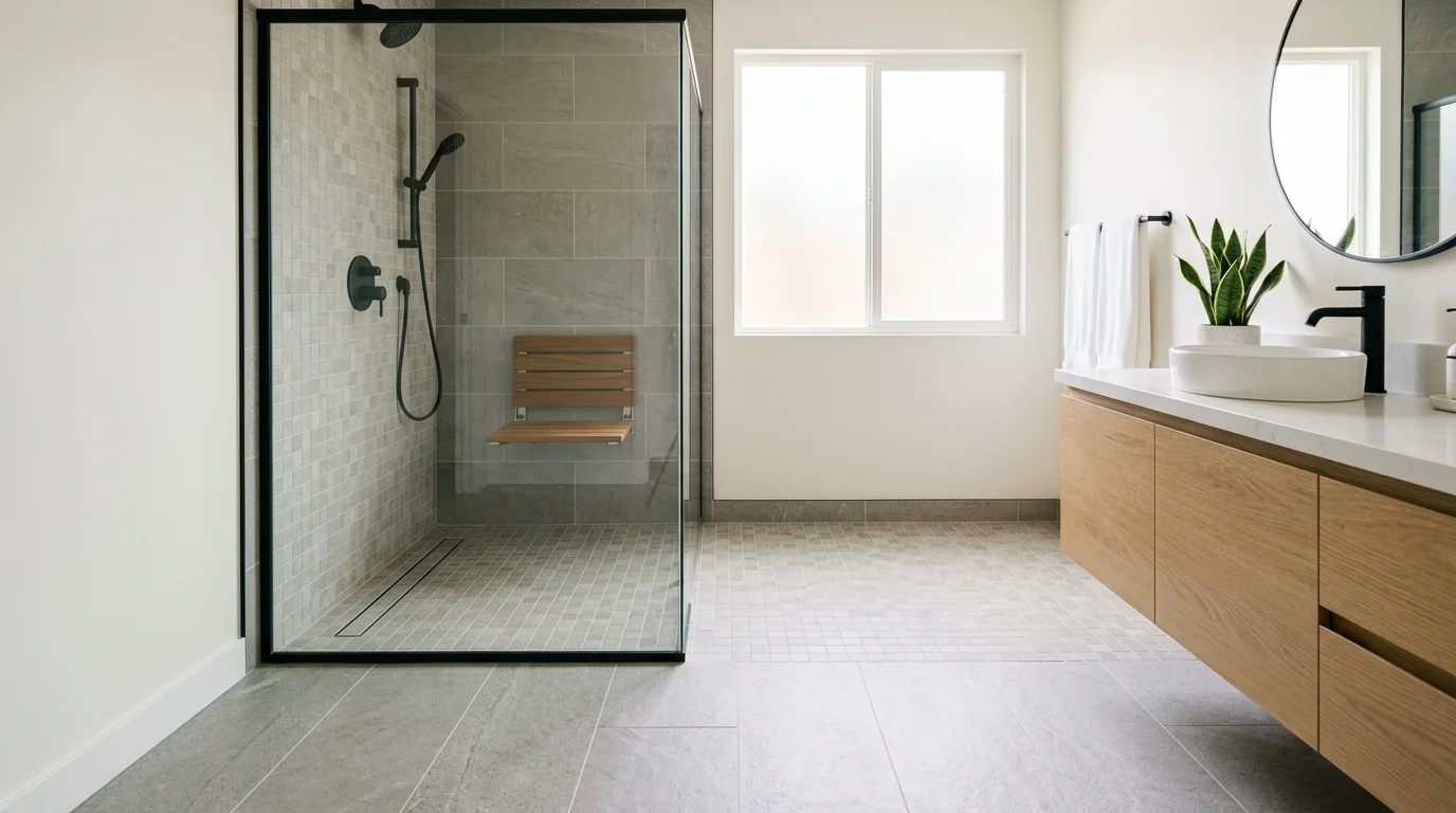 Curbless tiled shower in a bright Southern California bathroom