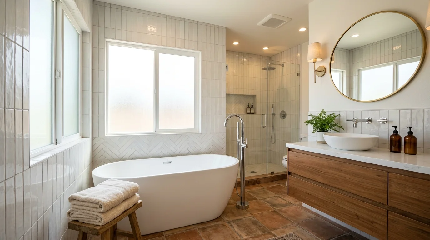 Finished bathtub in a bright Southern California bathroom