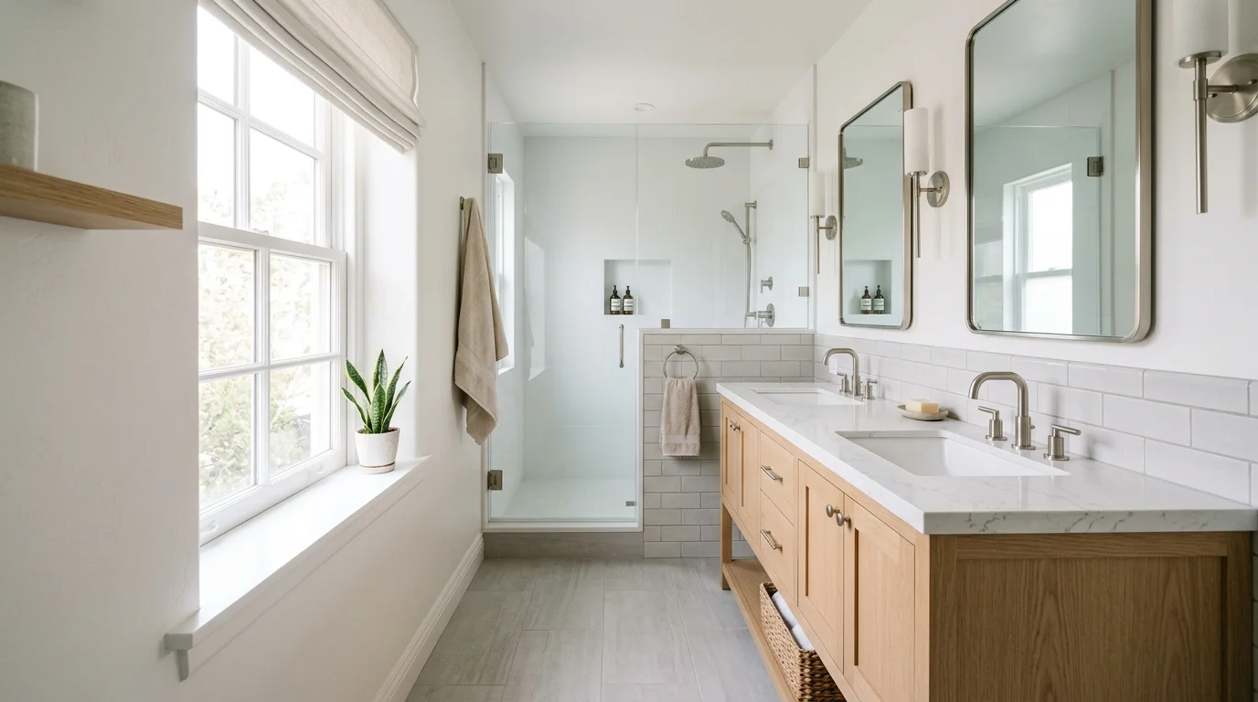 Narrow San Diego hall bathroom with a 60-inch double vanity and a quartz top in natural sidelight