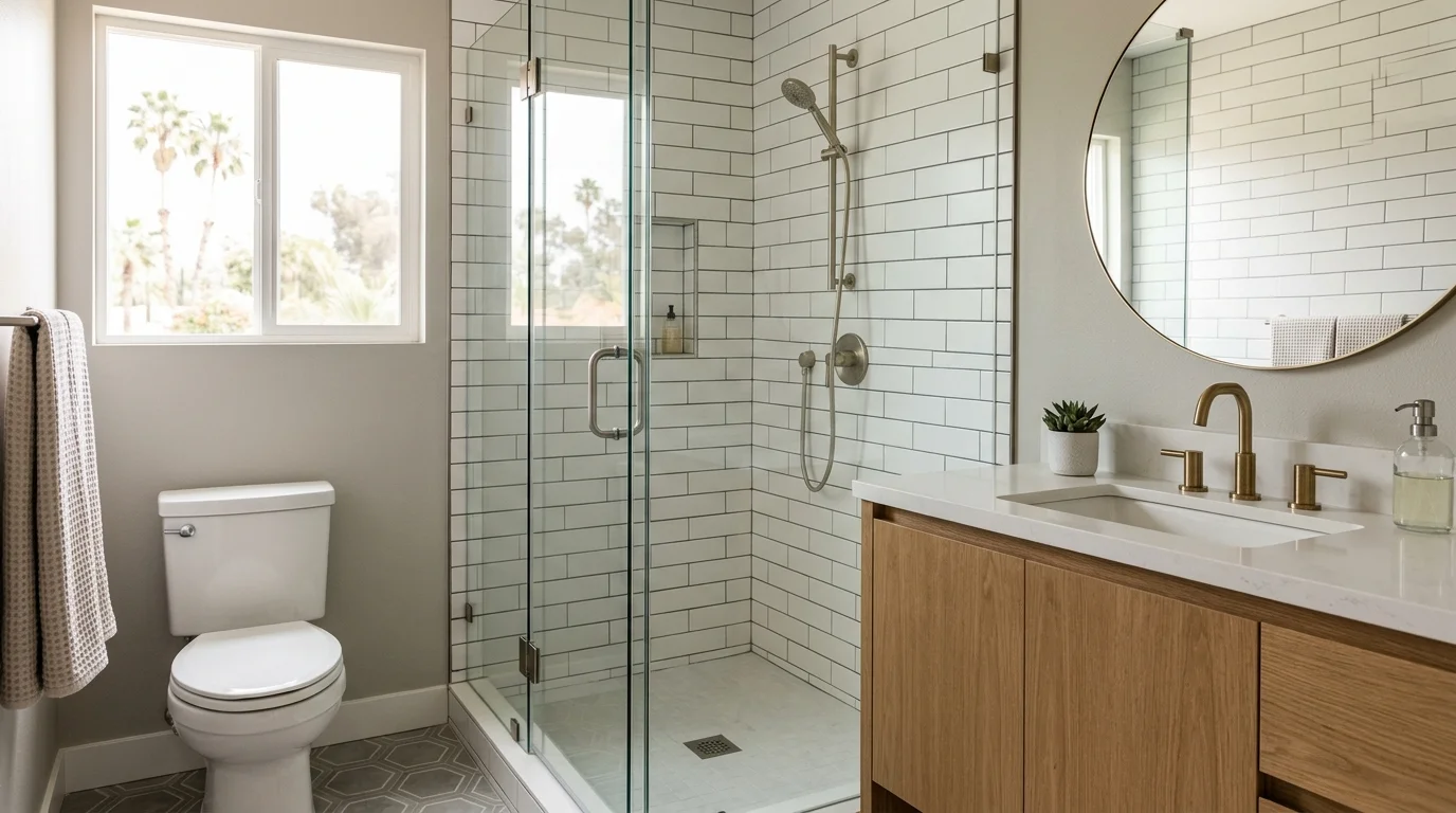 Finished Southern California bathroom with tile shower and vanity