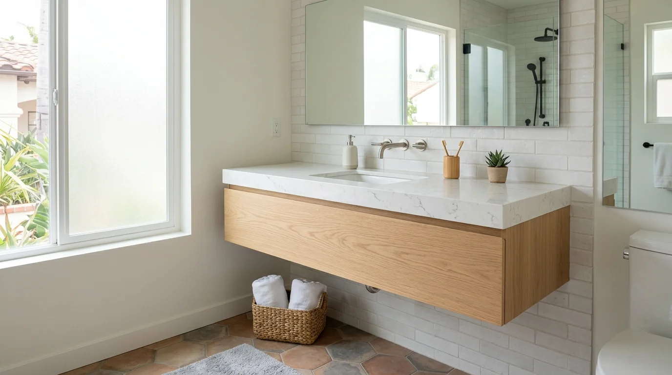 Wall-hung floating vanity with open floor beneath in a San Diego bathroom