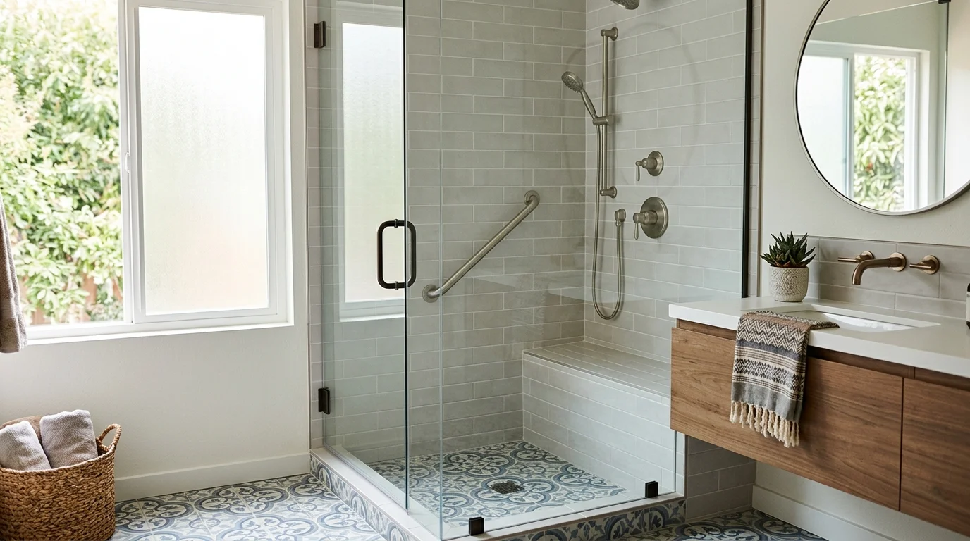 Grab bars installed in a bright tiled residential bathroom