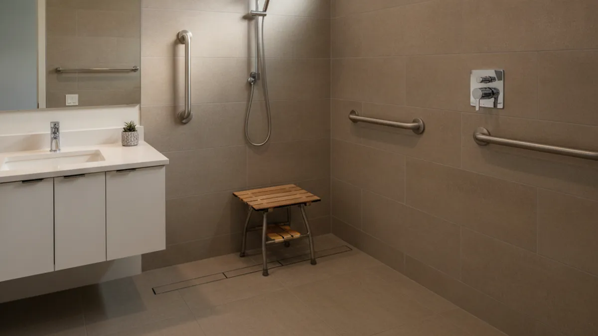Finished curbless bathroom with a linear drain, a teak shower bench and wall-mounted grab bars
