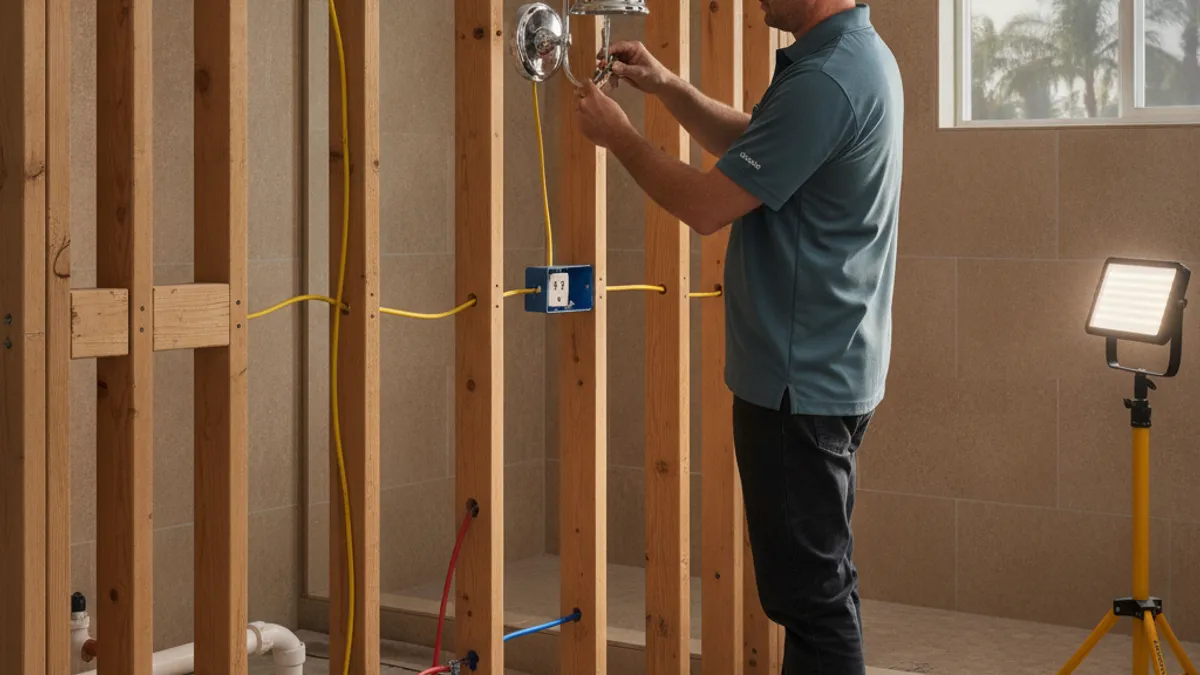 An electrician installing a vanity light fixture and a GFCI outlet in a San Diego bath remodel rough-in
