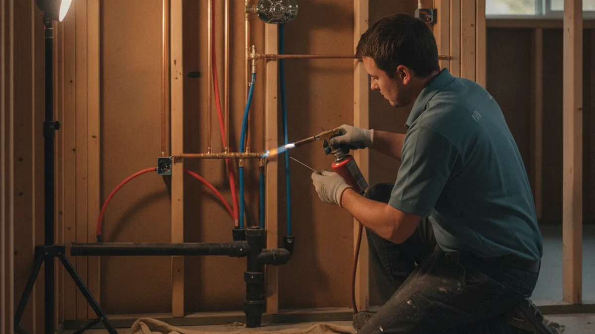 A plumber soldering copper supply lines in the wall during a San Diego bathroom rough-in inspection