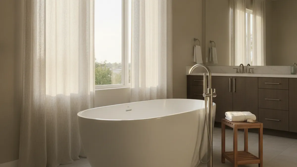 A San Diego master bath with a freestanding acrylic soaking tub positioned under a window with a wall-mount tub filler
