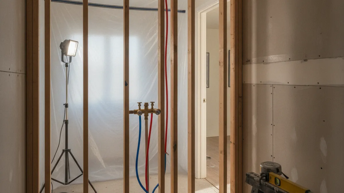 A San Diego bathroom mid-remodel with the wet wall open to the studs and new PEX supply lines run