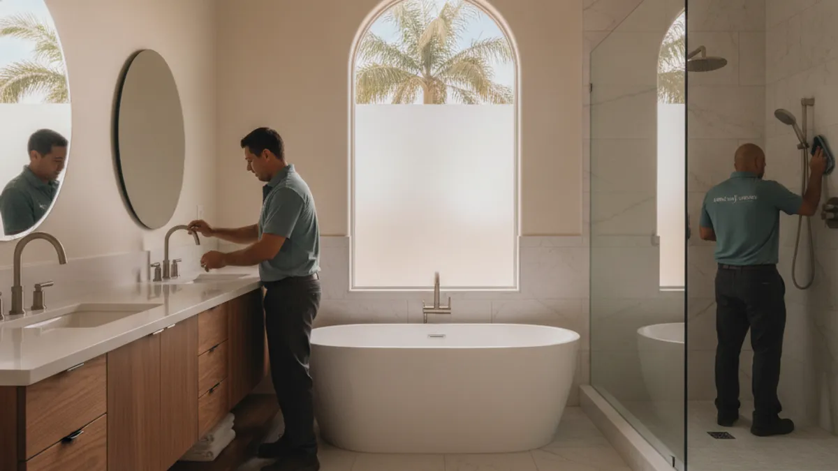 A San Diego primary suite bath with a curbless walk-in shower, a freestanding tub under a window, and a 72-inch double vanity