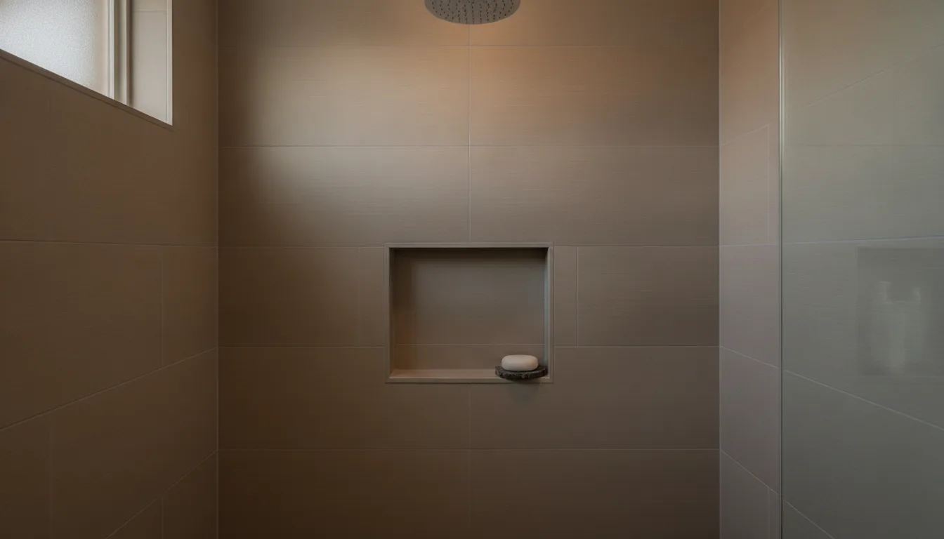 A tiled walk-in shower with a recessed shower niche and a bar of soap on a dish, set into the wall at chest height