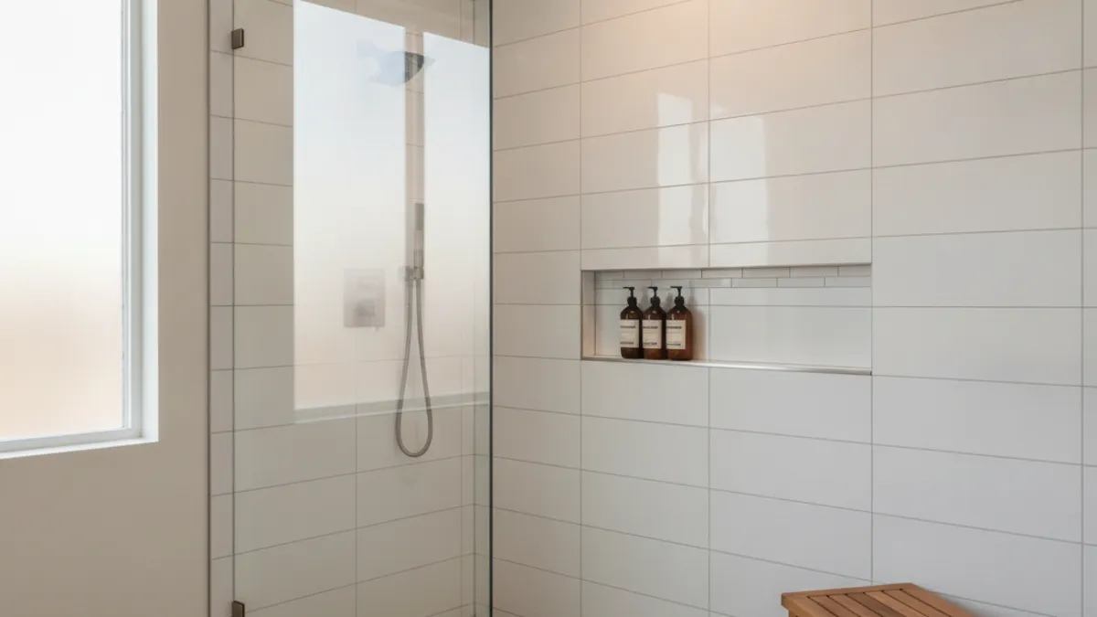 A San Diego walk-in shower with large-format porcelain tile, a frameless glass enclosure, and a wall niche