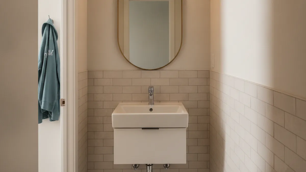 A small San Diego powder room with a wall-mount faucet, a round mirror, and a herringbone tile floor