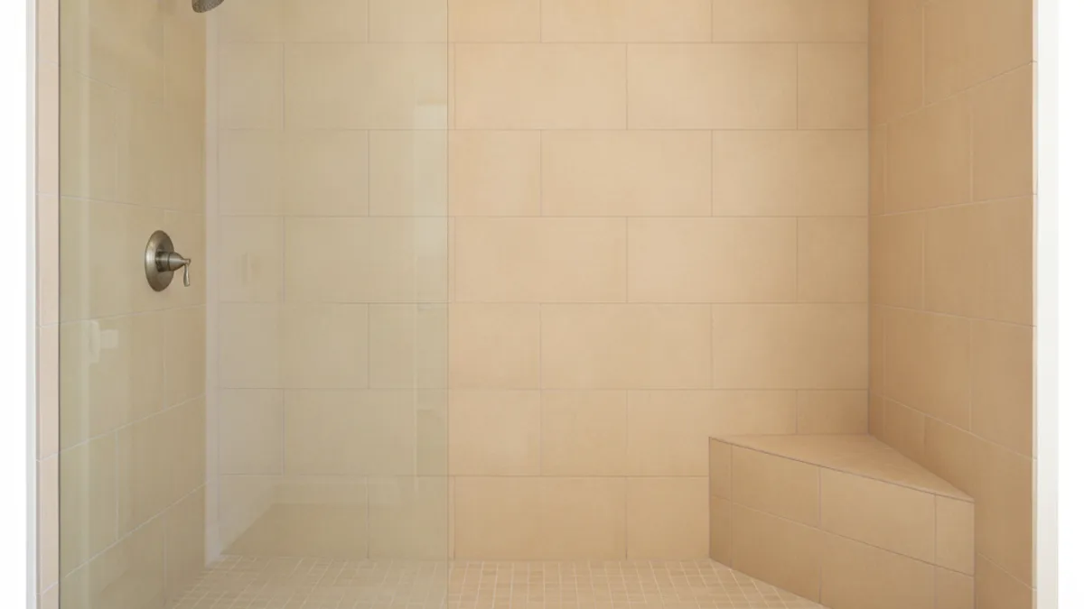 Doorless tile walk-in shower with a frameless glass panel at the opening and a built-in tiled bench