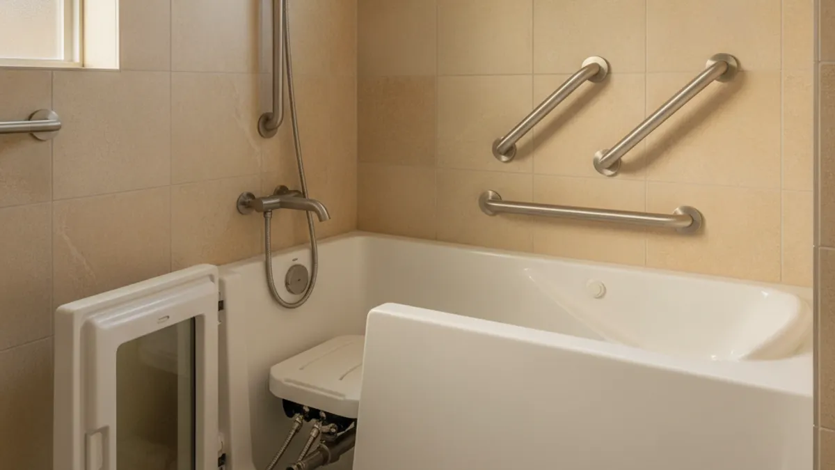 A San Diego walk-in tub with a sealed door, a built-in seat, and a handheld showerhead in a remodeled primary bath