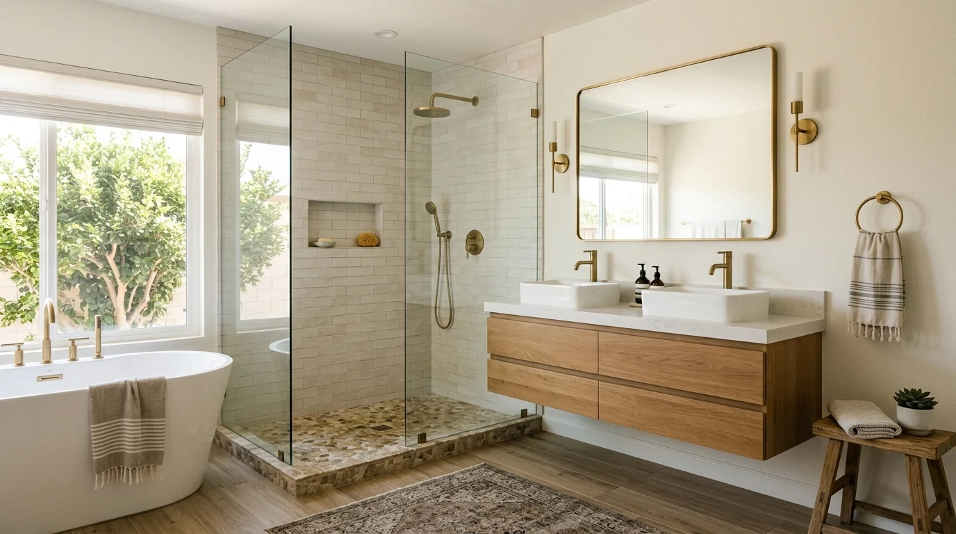 Finished bathroom with a tile shower and wood vanity in natural daylight