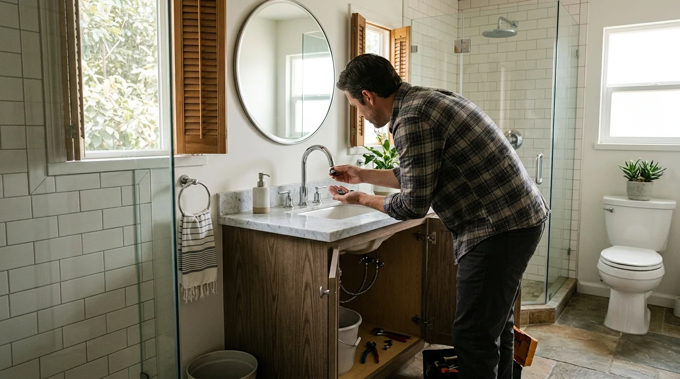 Sunlit bathroom with a sink, shower, and chrome fixtures