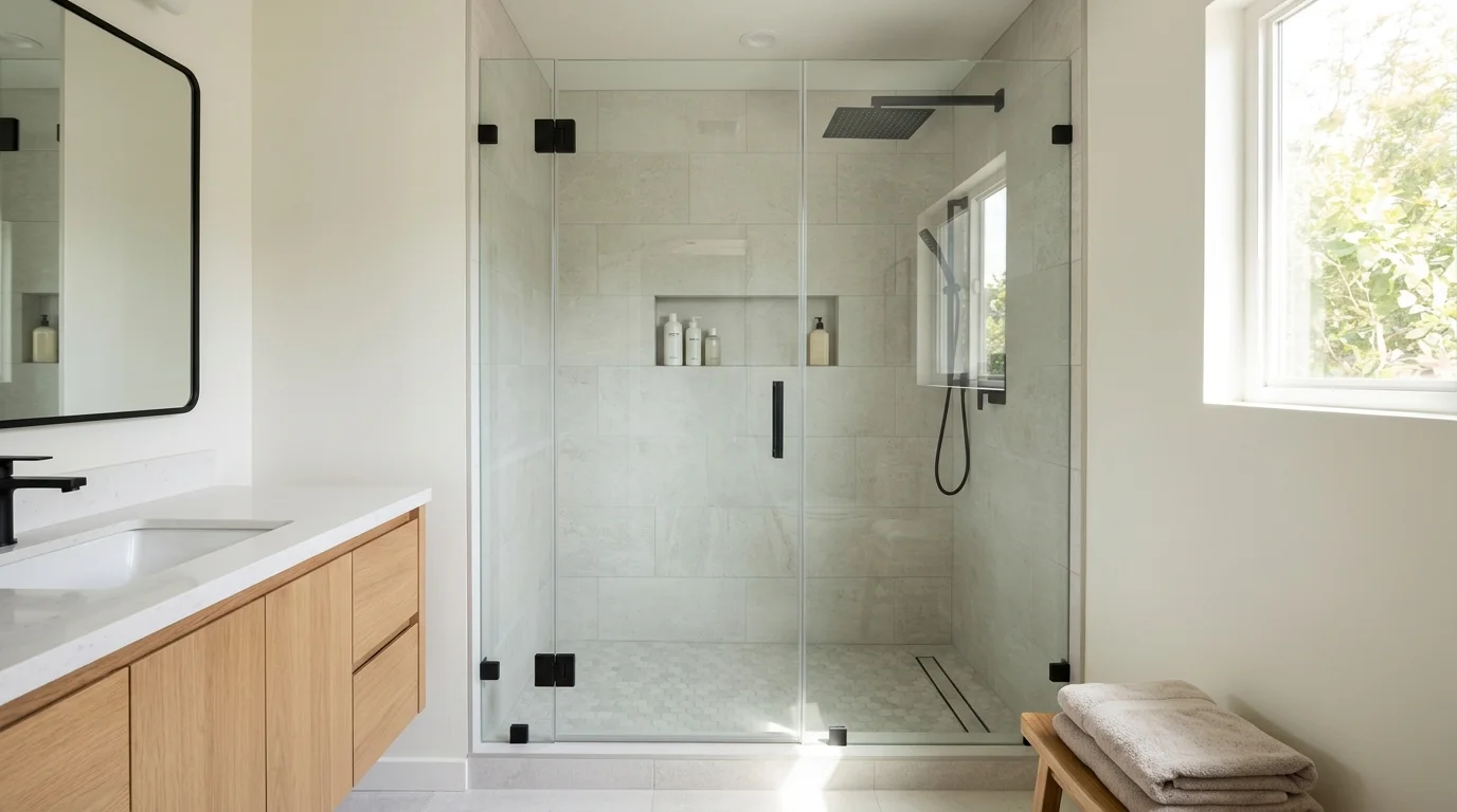 Finished tiled shower with a glass enclosure in a sunlit bathroom