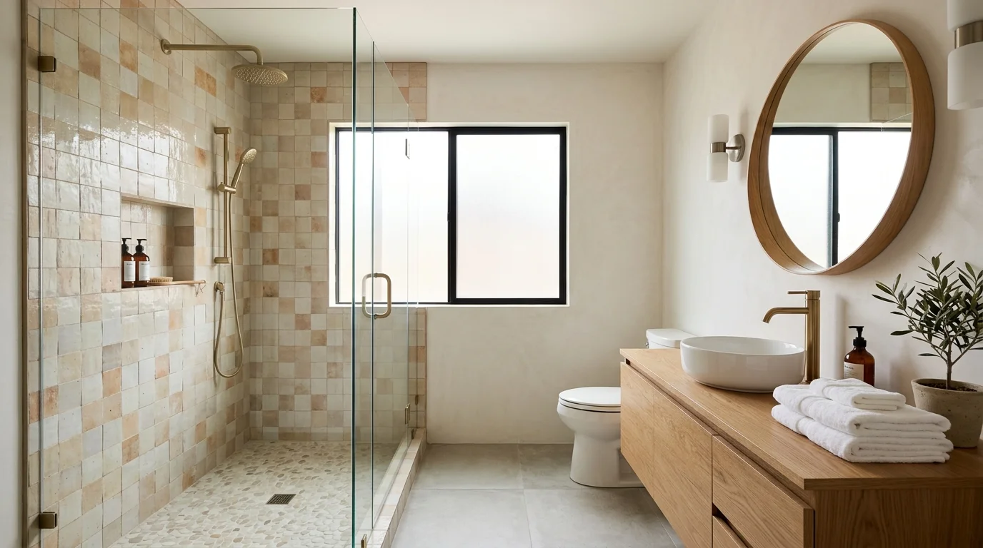 Finished tiled shower in a bright San Diego bathroom