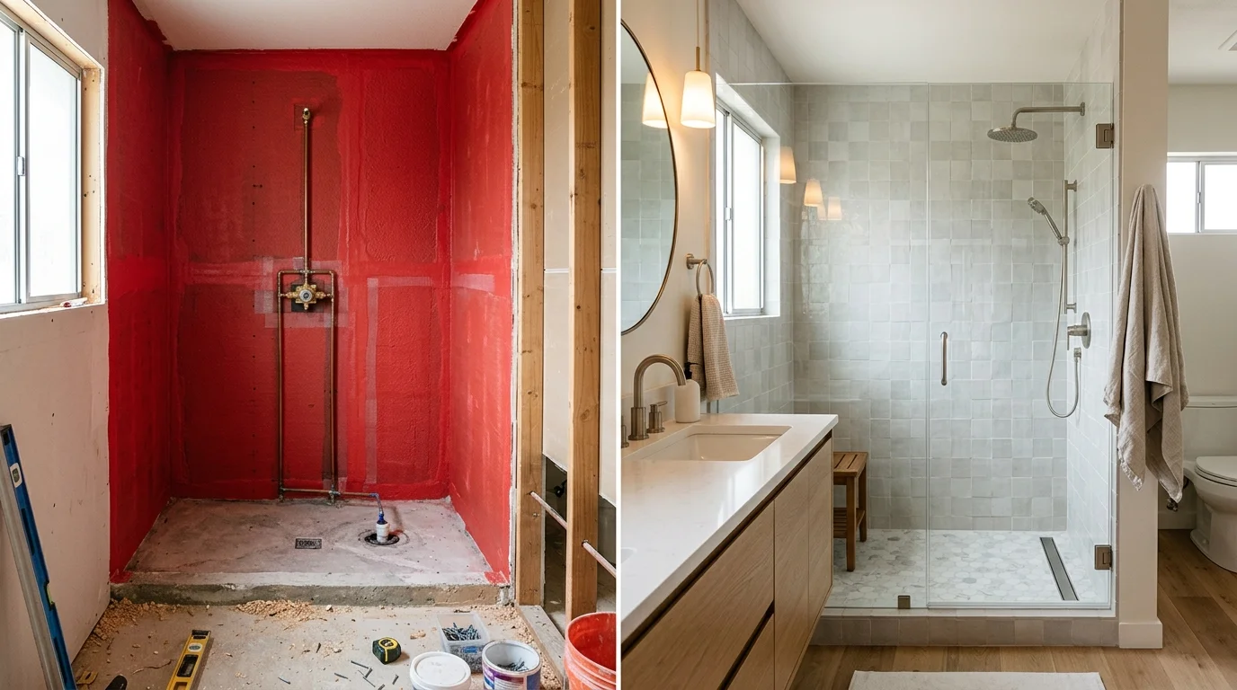 Residential shower under construction with red waterproofing membrane on the walls in a Southern California home