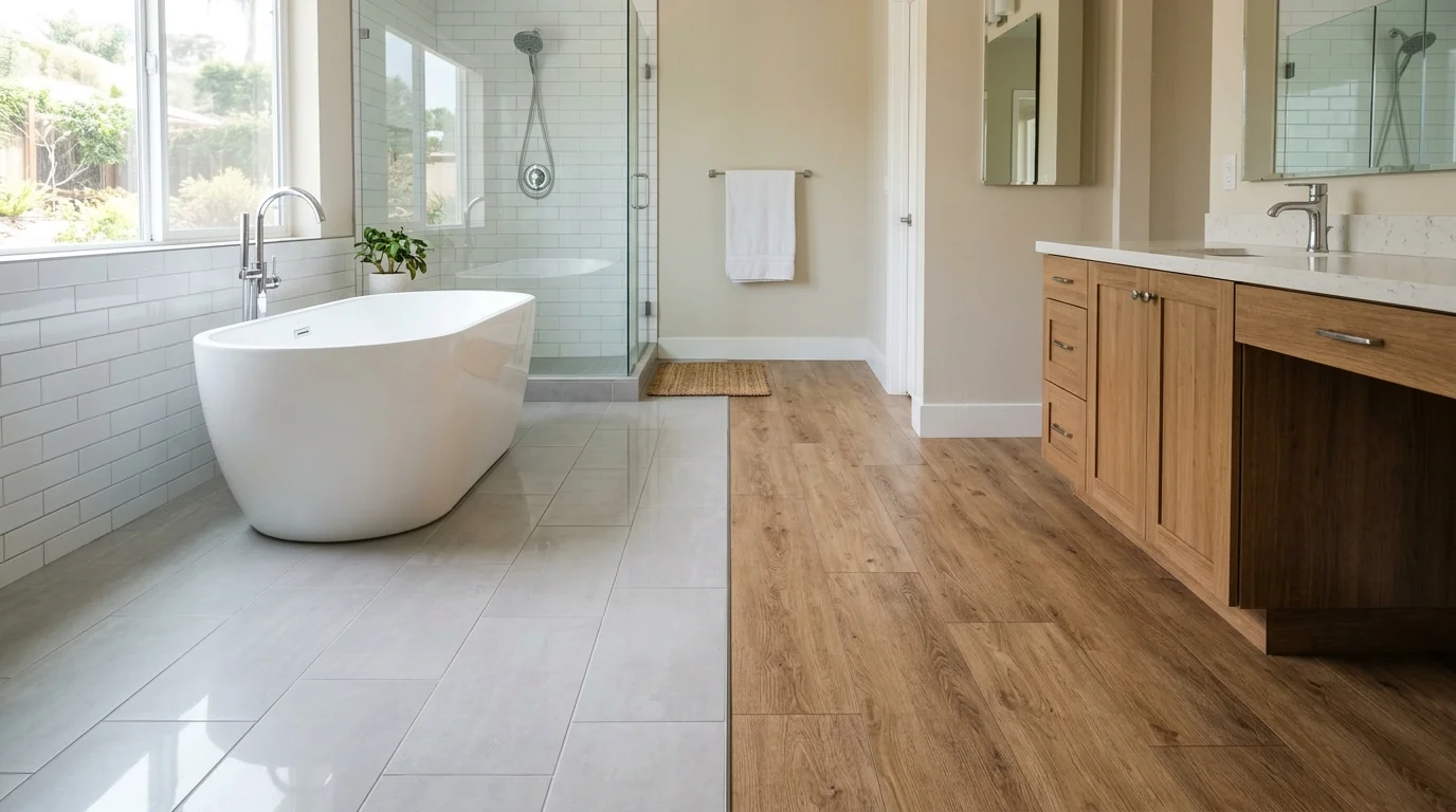 San Diego bathroom floor sampled with porcelain tile on one side and vinyl plank on the other