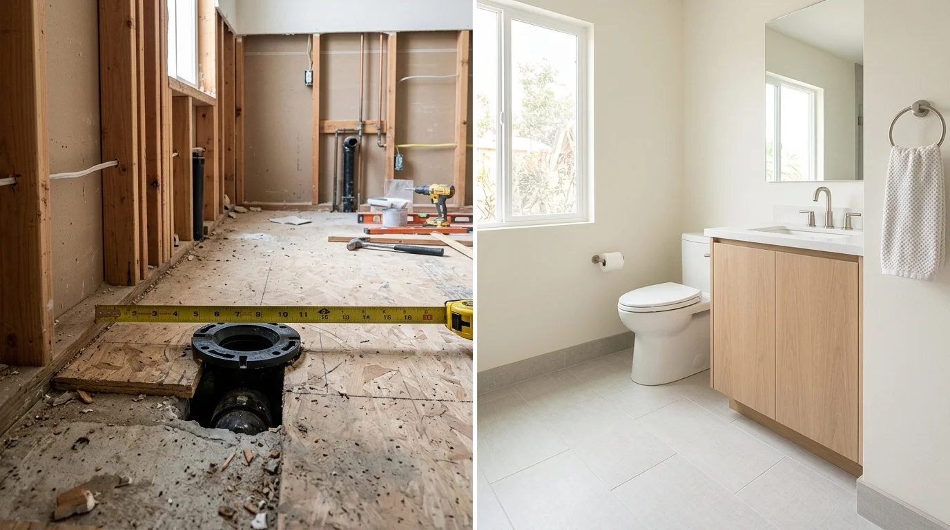 Unfinished San Diego bathroom with a tape measure from the wall to the closet flange center