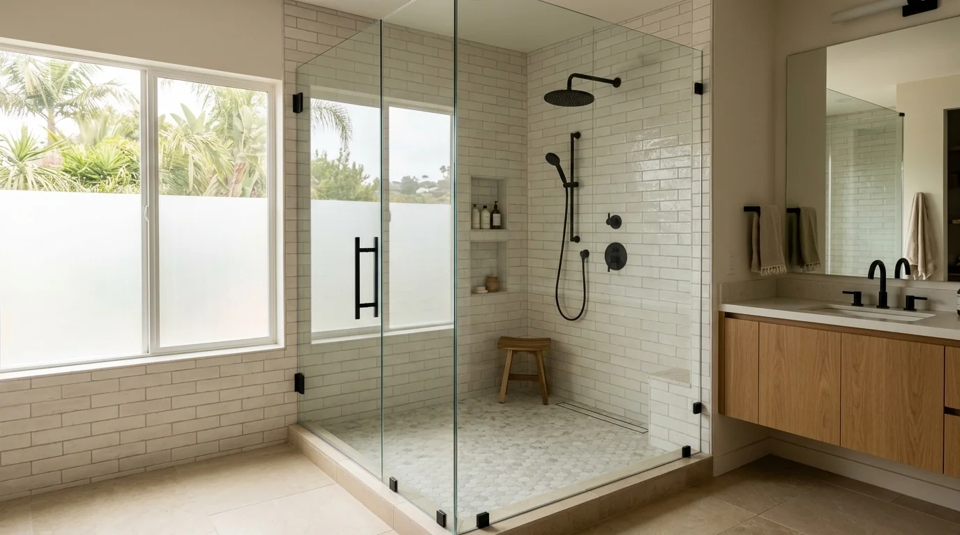 Finished walk-in tile shower with frameless glass in a San Diego home