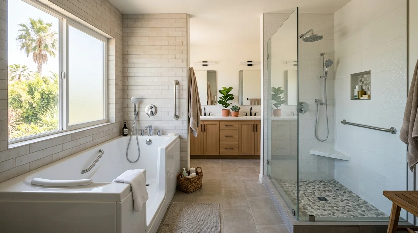 Walk-in tub and walk-in shower options in a residential bathroom