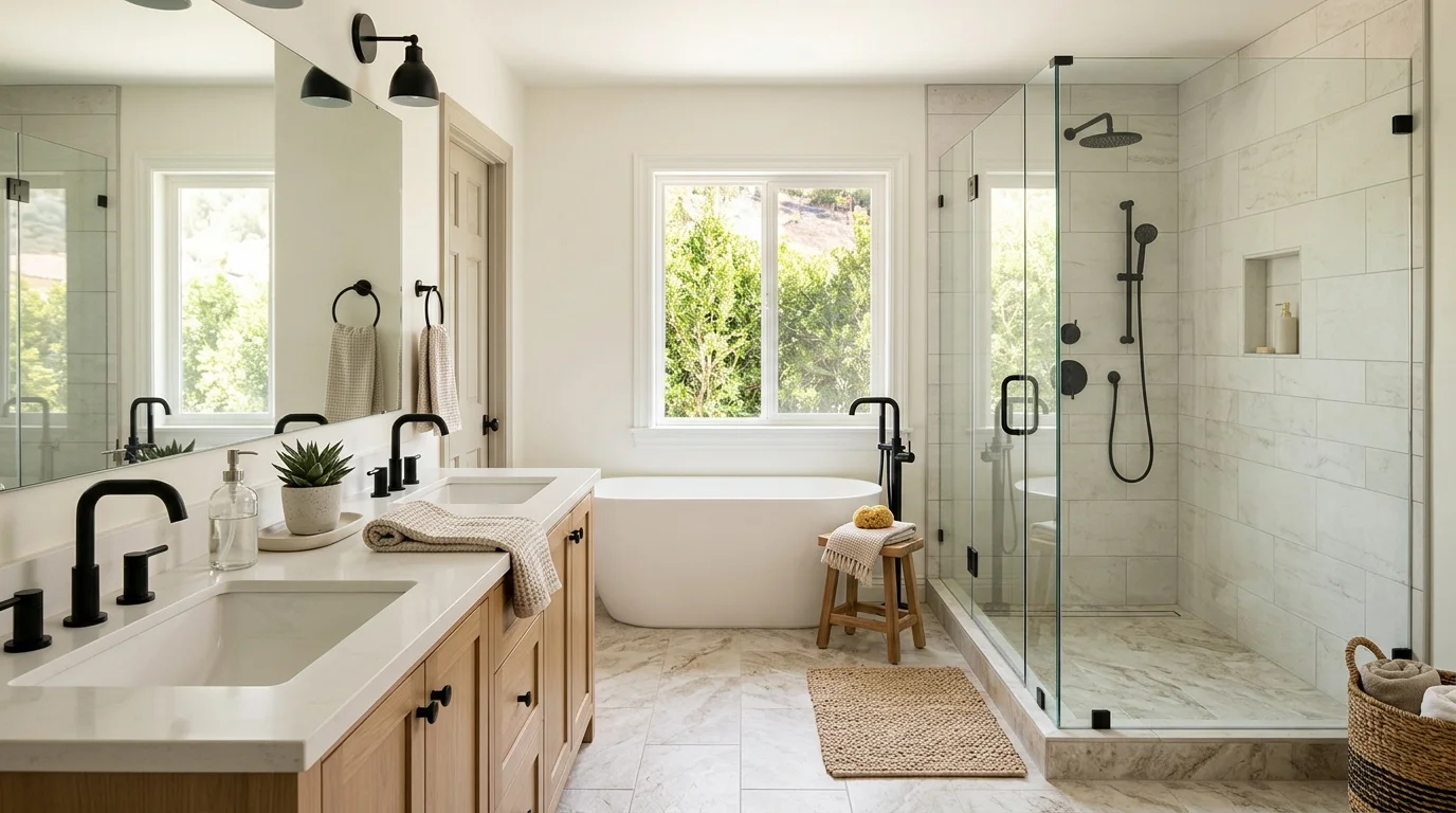 Finished bathroom with tile shower, vanity, and natural daylight