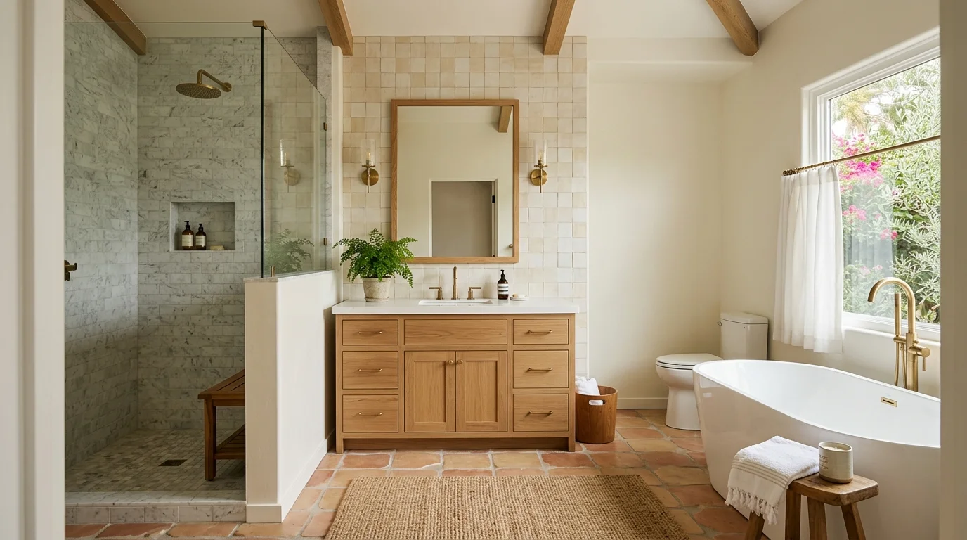 Finished San Diego bathroom with tile shower and modern vanity