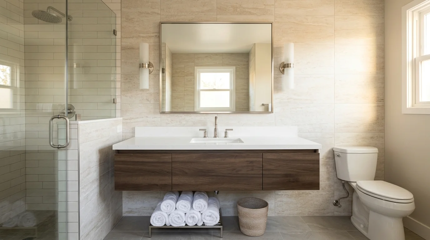 Freestanding bathroom vanity in a sunlit San Diego bathroom