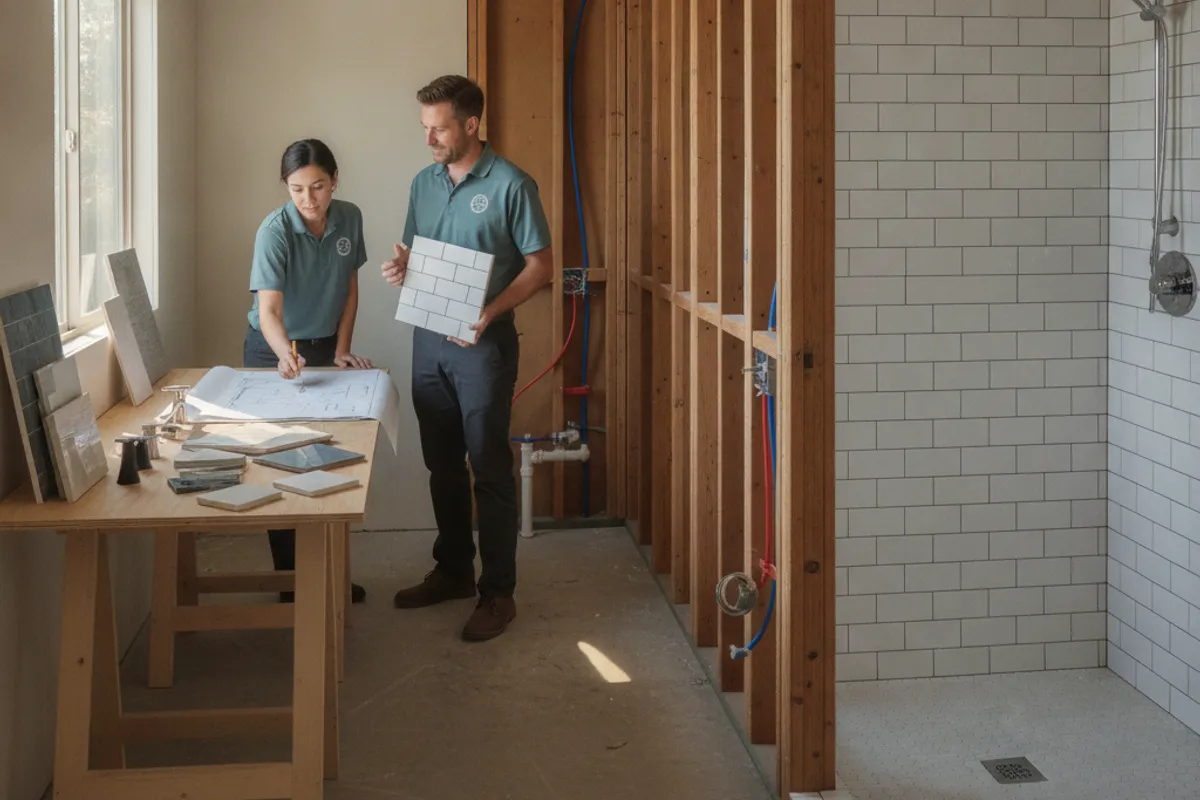 A Bath Pro SD project manager reviewing tile samples with a homeowner in a San Diego bathroom