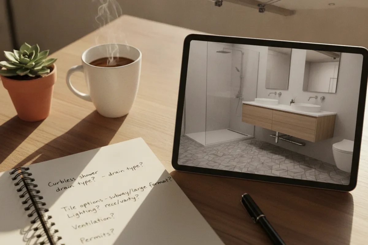 A homeowner reviewing bathroom remodel plans with a Bath Pro SD designer in a San Diego home