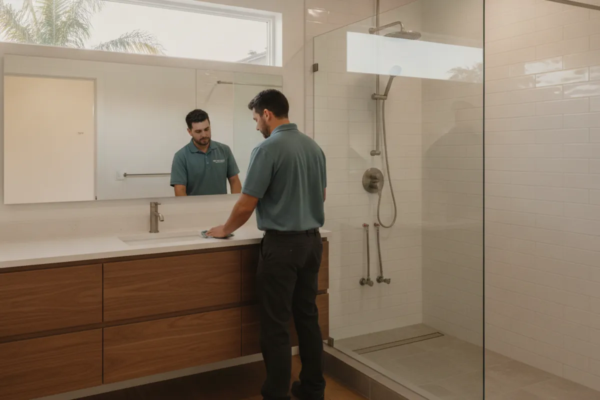 A finished walk-in shower with subway tile and frameless glass in a San Diego bathroom