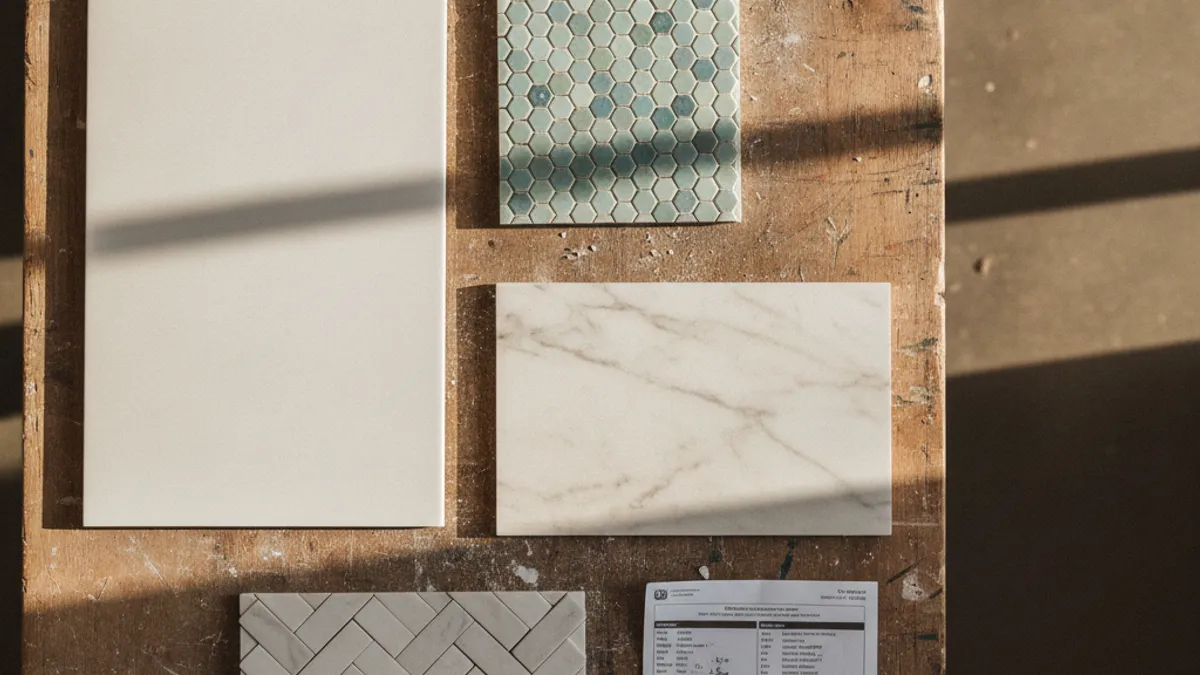 Bathroom tile samples fanned out on a San Diego workshop bench: porcelain, marble, and ceramic
